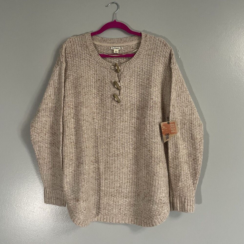 Women’s NEW Ruff Hewn Sweater Tan Speckled With Toggles Large Long Sleeve